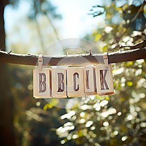 A wooden blocks with letters attached to a branch