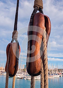 Wooden blocks on an old sailing vessel