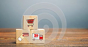 Wooden blocks with online shopping symbols. Shopping cart, card for payment, delivery truck. Seller over the Internet. Ecommerce