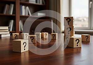 Wooden blocks with question marks on table concept of uncertainty problem solving decision making and learning