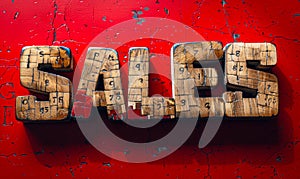 Wooden blocks spelling out SALES on a vibrant red background, representing business marketing, retail promotions, and commercial