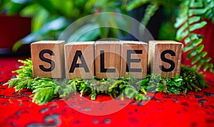 Wooden blocks spelling out SALES on a vibrant red background, representing business marketing, retail promotions, and commercial