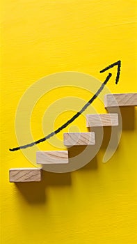 Wooden blocks in stair formation on yellow background with black arrow symbolizing growth