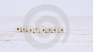 Wooden blocks with stress and wellness sign.