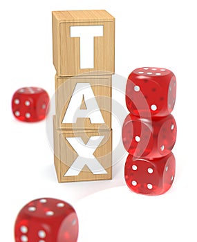 Wooden blocks with TAX letters and gaming dices. The randomness of tax stakes concept. 3D rendering