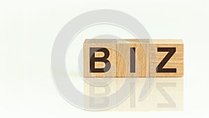 Wooden Blocks with the text: BIZ. The text is written in black letters and is reflected in the mirror surface of the table. New