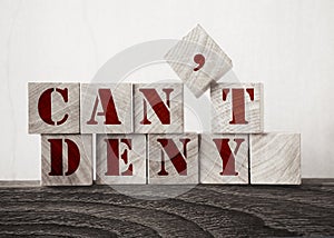 Wooden Blocks with the text: Can`t deny. Discussion argument debates opinion concept