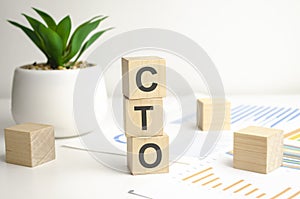 wooden blocks with text CTO on charts with green plants