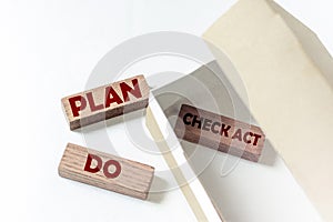 Wooden blocks with text PDCA Plan Do Check Act in a box on a white background