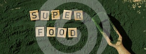 Wooden blocks with text SUPERFOOD chlorella on background of algae superfood powder. Healthy benefits supplement and