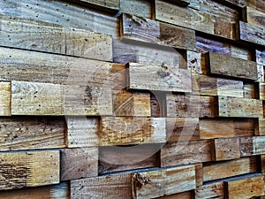 Wooden Blocks Wall, Wood texture of cut tree trunk for background. Rustic plank panel, Wall background.