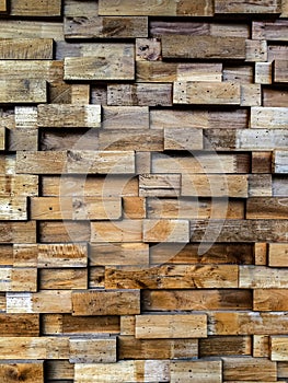 Wooden Blocks Wall, Wood texture of cut tree trunk for background. Rustic plank panel, Wall background. Mosaic wood texture wall