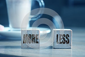 Wooden blocks on wooden table with More and Less signs. business concept