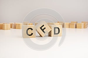 wooden blocks with word CFD on grey background, frequently asked question concept