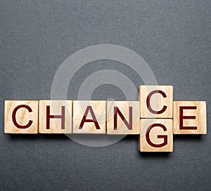 Wooden blocks with the word change to chance. Personal development. concept of motivation, goal achievement, potential. incentive