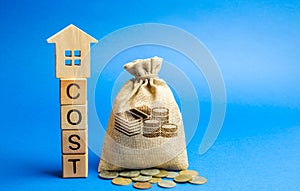 Wooden blocks with the word Cost and a wooden house with a money bag. Real estate pricing concept. Expensive prices for the