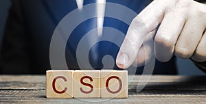 Wooden blocks with the word CSO. Chief strategy officer, chief strategist. Executive responsible with developing, executing, photo