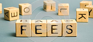 Wooden blocks with the word Fees and randomly scattered cubes. Fixed price charged for a specific service. Business and finance