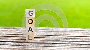 wooden blocks with word Goal. business planning concept. green backgrond. close-up