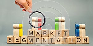 Wooden blocks with the word Market Segmentation and multicolored groups of people. Target audience, customer care. Market group of