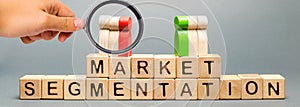 Wooden blocks with the word Market Segmentation and multicolored groups of people. Target audience, customer care. Market group of photo