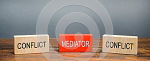 Wooden blocks with word Mediator and conflict. Settlement of disputes. Conflict resolution and mediation. Third party,