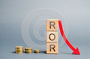 Wooden blocks with the word ROR and arrow down. Financial ratio illustrating the level of business loss. Return on investment.