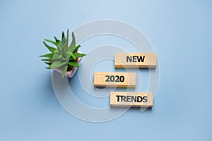 Wooden blocks with the word Trends 2020. Main trend of changing something. Popular and relevant topics. New ideological trends of