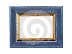 Wooden blue golden frame for paintings. Isolated on white