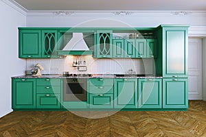 Wooden blue kitchen interior in classic style view 3 . 3d render