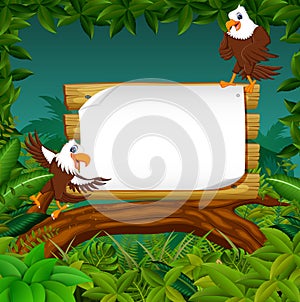 The wooden board blank space with the dashing eagle with forest background