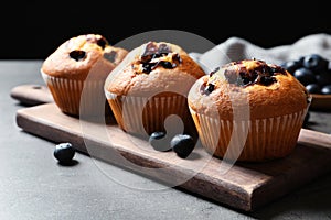 Wooden board with blueberry muffins on grey table against black background