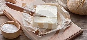 Wooden board with cut block of butter.Knife on a rustic table and butter