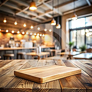 Wooden board empty table background. abstract blurred cafe background