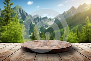 Wooden board empty table blur trees in forest background.