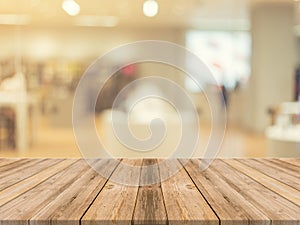 Wooden board empty table blurred background. Perspective brown w