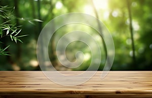 Wooden board empty table blurred background. Perspective brown wood table over blur trees forest background - can be used mock up