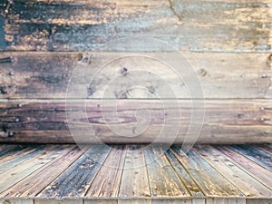 Wooden board empty table in front of blurred background