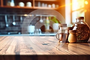 Wooden board empty table in front of blurred background. Perspective brown wood over blur in coffee shop - can be used