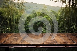 Wooden board empty table in front of blurred background. Perspective brown wood over blur trees in forest - can be used for