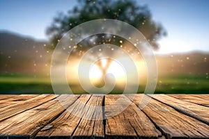 Wooden board empty table in front of blurred background. Perspective brown wood over blur trees in forest can be used mock up for