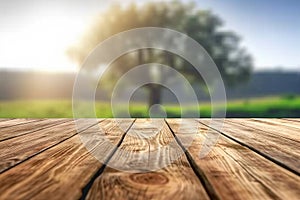 Wooden board empty table in front of blurred background. Perspective brown wood over blur trees in forest can be used mock up for