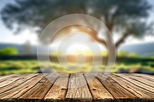 Wooden board empty table in front of blurred background. Perspective brown wood over blur trees in forest can be used mock up for