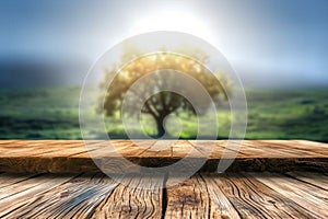 Wooden board empty table in front of blurred background. Perspective brown wood over blur trees in forest can be used mock up for