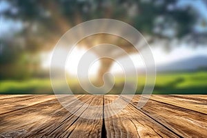 Wooden board empty table in front of blurred background. Perspective brown wood over blur trees in forest can be used mock up for