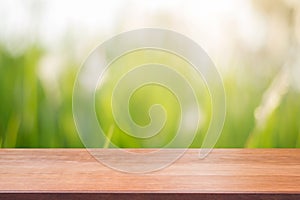 Wooden board empty table in front of blurred background. Perspective brown wood over blur trees in forest.