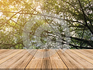 Wooden board empty table in front of blurred background. Perspective brown wood table over blur trees in forest background.