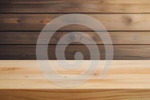 Wooden board empty table in front of blurred lighting background.