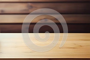 Wooden board empty table in front of blurred lighting background.