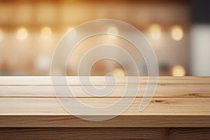 Wooden board empty table in front of blurred lighting background.